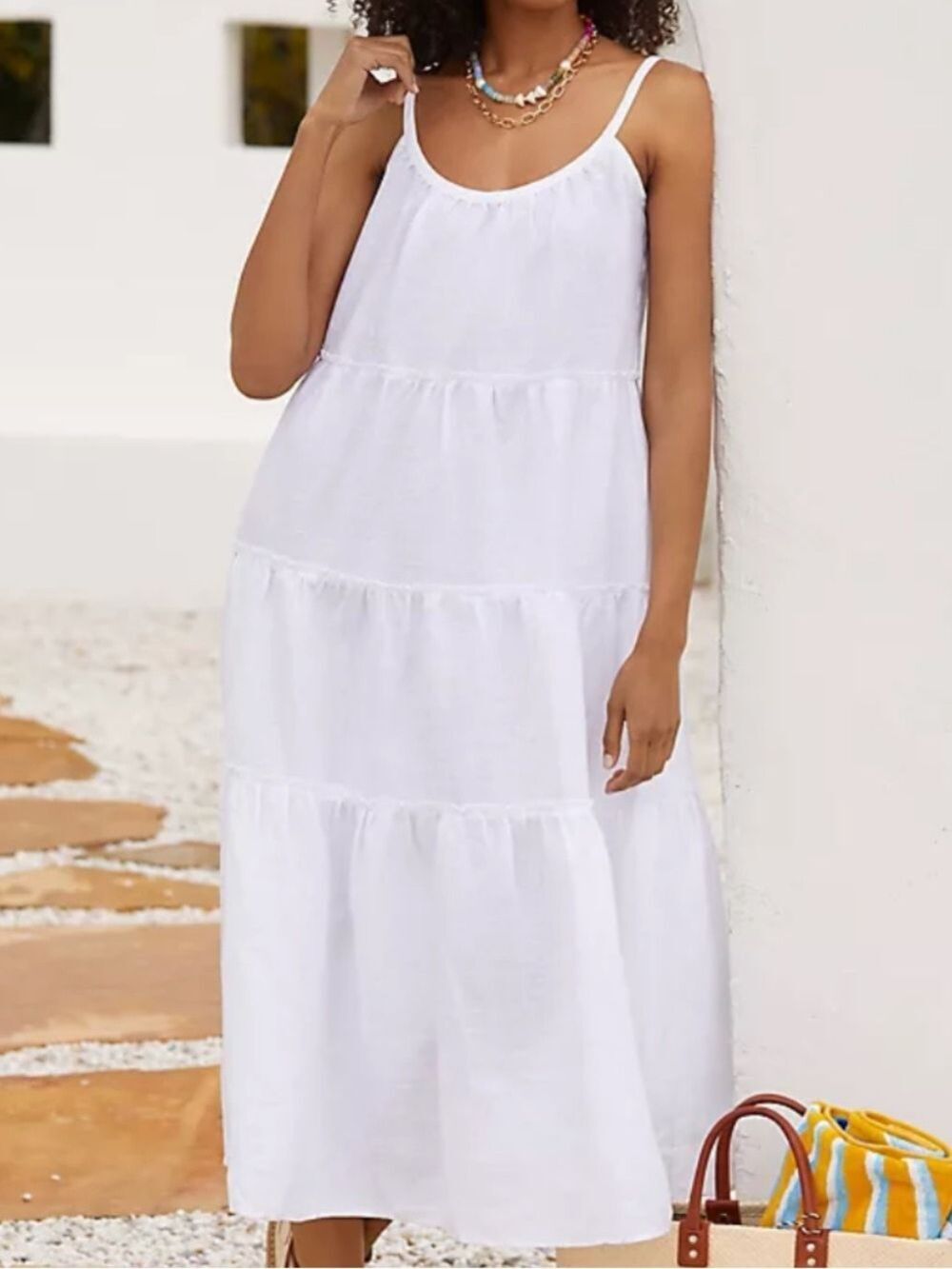 Anthropologie Eberjey Kesia White Linen Tiered Midi Dress Size S Boho Coastal